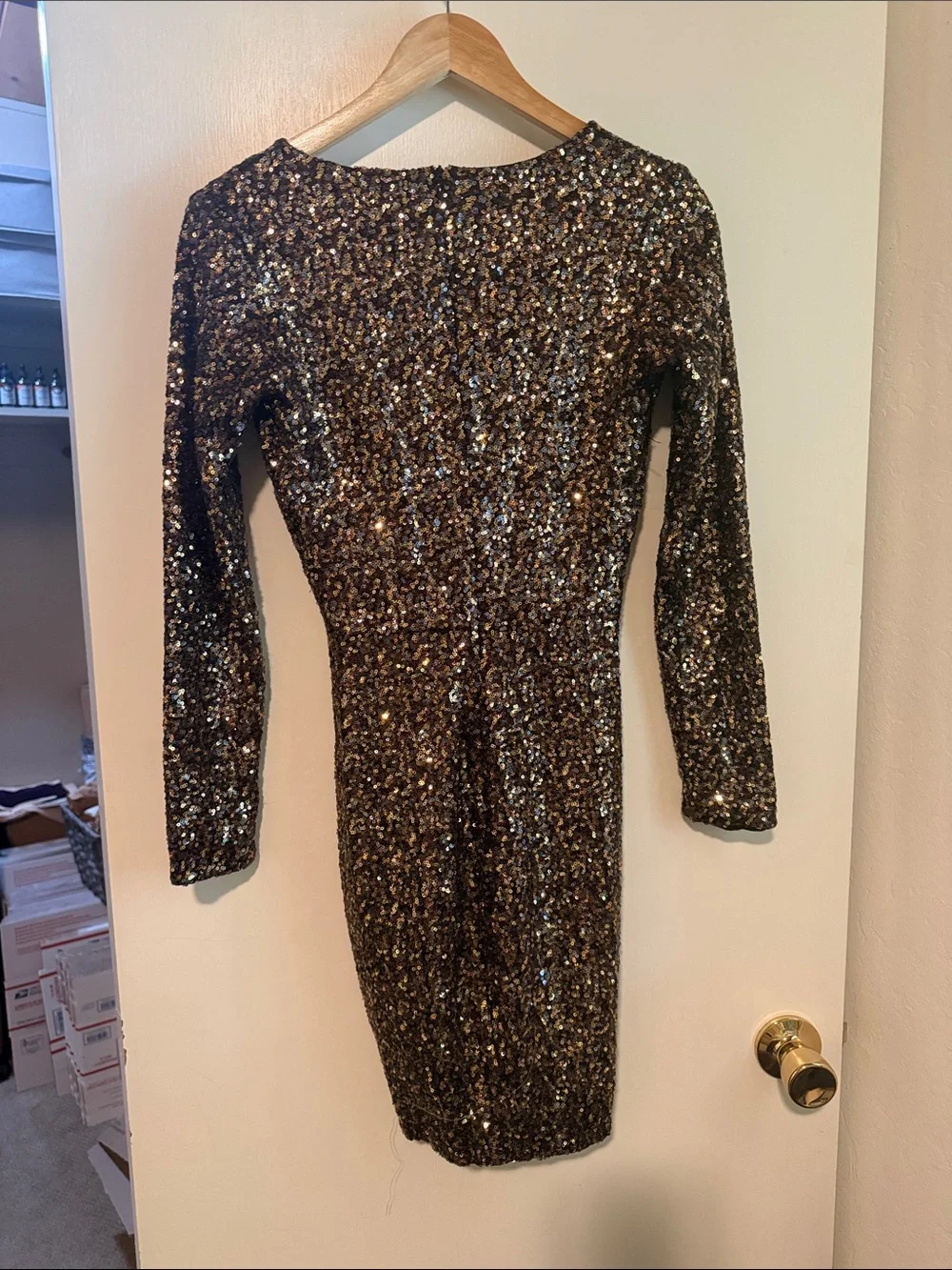 Dress the Population Bronze Sequin Long Sleeve V-Neck Dress - Picture 4 of 5